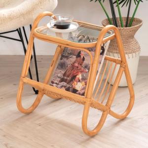 今枝商店 ラタンテーブル 円形 ガラス天板 棚付 籐家具 直径60cm