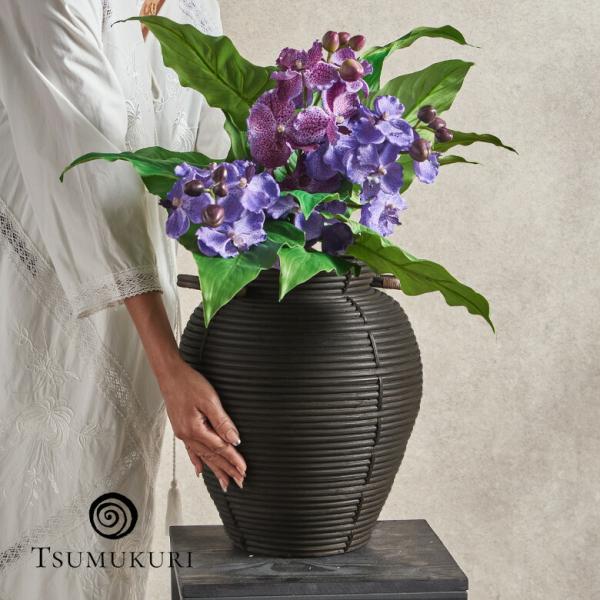 バスケット ラタン フラワーベース かごバスケット つぼ型 取っ手付き オブジェ 置物 花瓶 造花 ...