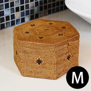 アタ 編まれた 六角形 フタ付き アジアン 小物入れケース M 2224