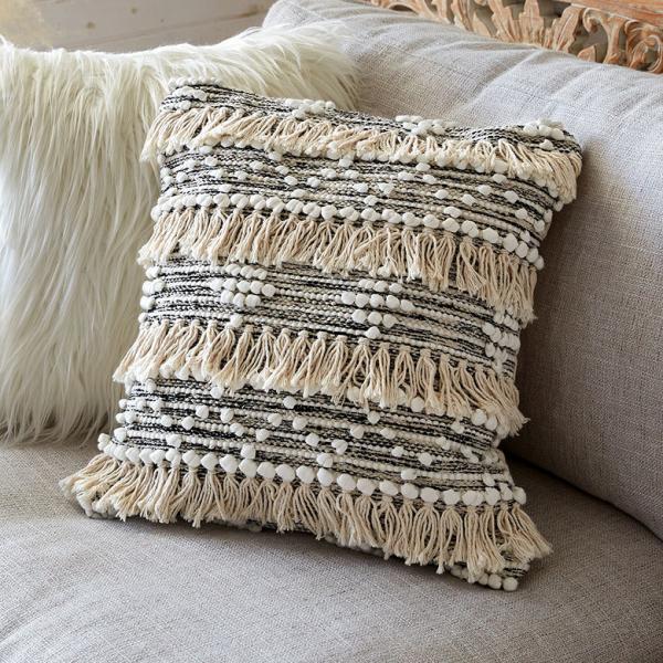 クッションカバー コットン ハンドルーム 手織り 45×45cm フリンジ ブラック 黒 Raha ...