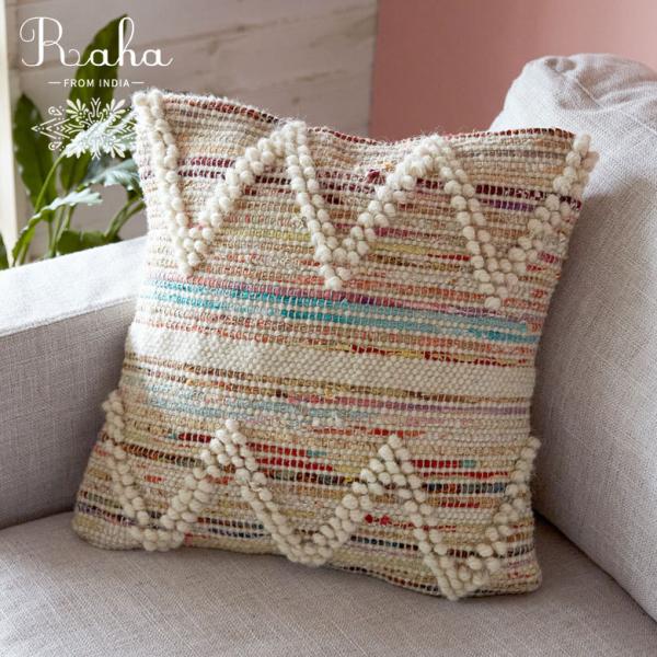 クッションカバー インド ナチュラル アイボリー 幾何柄 ジオメトリック ダイヤ柄 Raha ラーハ...