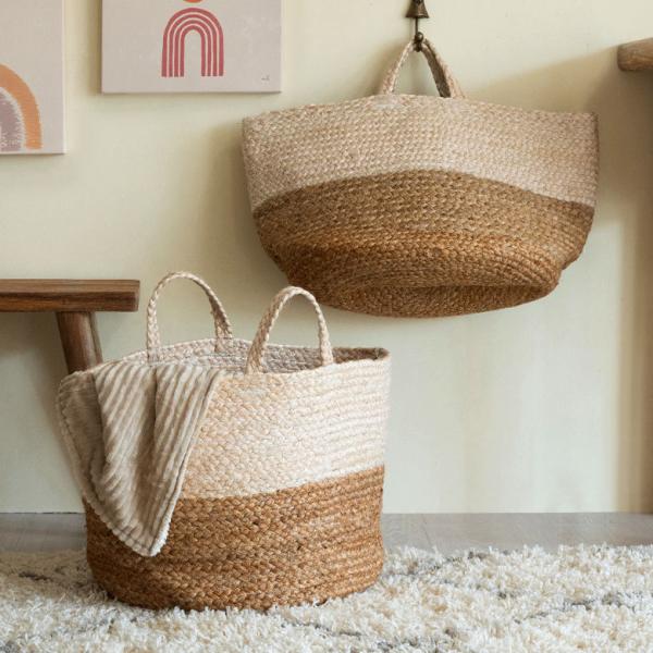 かご バスケット 持ち手付き バイカラー 大きい ジュート ナチュラル ホワイト 34535
