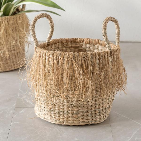 バスケット かご Mサイズ フリンジ シーグラス ラウンド W 25cm D 25cm H 22cm...
