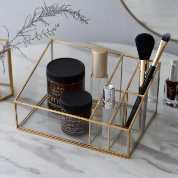 ブラシ スタンド コスメ ガラス 真鍮 5分割 収納 ボックス メイク アクセサリー アンティーク ...