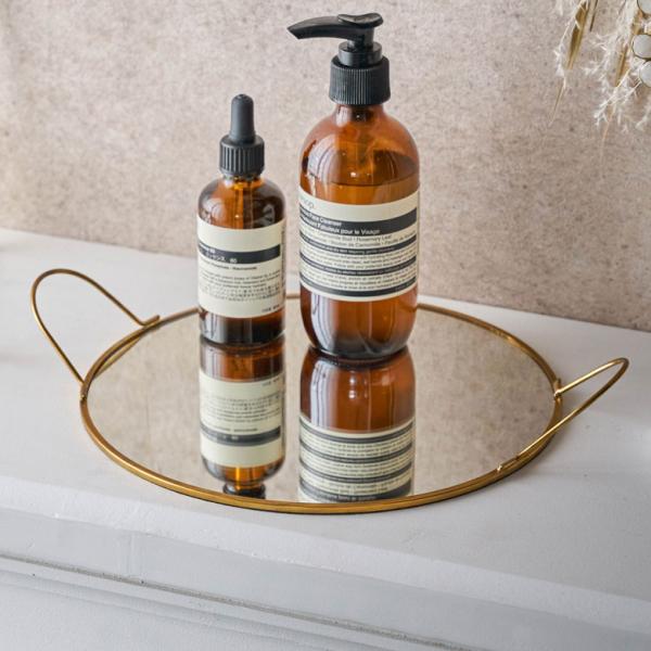 ミラー トレー トレイ 鏡 ガラス 真鍮 ゴールド 直径22cm アクセサリー 小物 入れ 収納 デ...