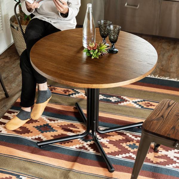 カフェ風テーブル 木製 スチール ブラウン ラウンド 直径80cm カフェテーブル ダイニングテーブ...