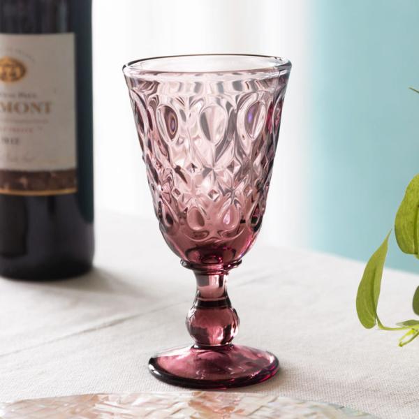 グラス 脚付き ダイヤモンドカット ガラス 230ml ワイン ピンク 98303