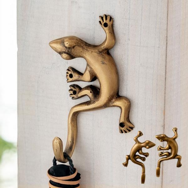 メール便対応 フック ヤモリ型 幅5cm 高さ9.5cm アンティーク風 真鍮製 木ネジ付 b-13...