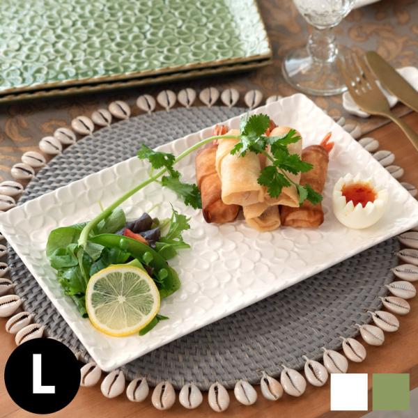 長角皿 プルメリアモチーフ Lサイズ 28cm×18cm ホワイト グリーン 陶器製 pl4-668