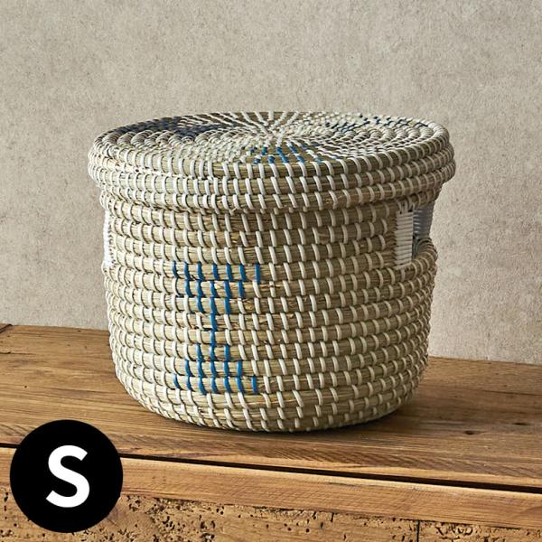 バスケット ふた付き 持ち手付き アフリカ シーグラス製 丸型 25cm幅 Sサイズ va5115