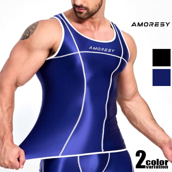 AMORESY/アモレシー 光沢ノースリーブ ピッチリ タンクトップ トップス ファッション 男女兼...