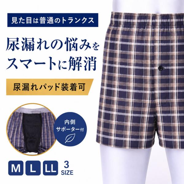 尿漏れパンツ 男性用 トランクス 綿100％ 装着可 前開き メンズ 軽失禁パンツ 内側サポーター付...
