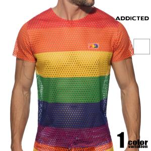 ADDICTED/アディクティッド MESH RAINBOW T-SHIRT メッシュ レインボー 半袖 虹 切りっぱなし Tシ ホワイトデー｜asian-closet