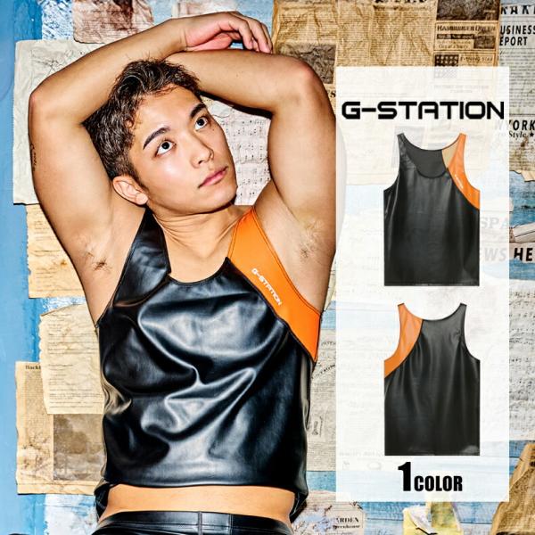 G-Station/ジーステーション ソフトフェイクレザー 差し色 光沢 タンクトップ クルーネック...