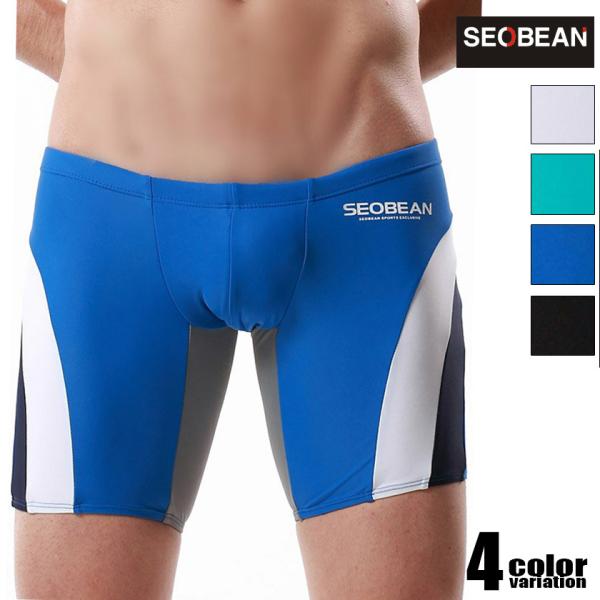 男性水着 SEOBEAN カラーブロックデザイン メンズ ロングボクサー型スイムウェア　スイムスパッ...
