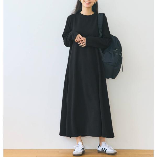 黒ワンピース ロングワンピース 長袖 丸首 aラインワンピース フレアワンピース 体型カバー イージ...