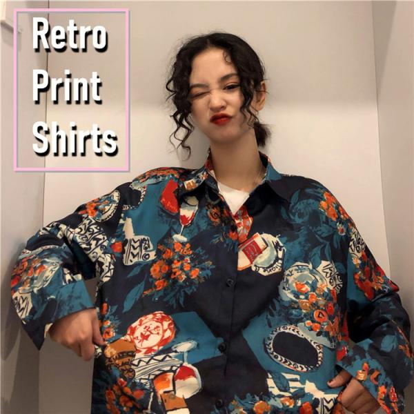 レトロ 花柄プリント シャツ サテンシャツ レディース 花柄シャツ レトロ柄 長袖シャツ サテン ト...