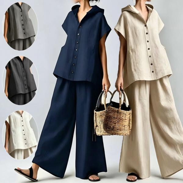 セットアップ レディース 夏服 トップス フレンチスリーブ フード付き 前後差 ボタン ワイドパンツ...