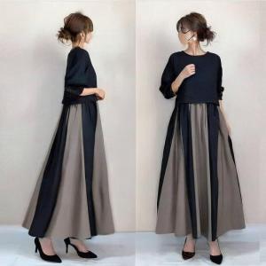 ワンピース 春 レディース ロング丈 バイカラー 切り替え aラインワンピース フレアワンピース 長袖 丸首 春秋 オフィスカジュアル リゾートワンピース 40代50代