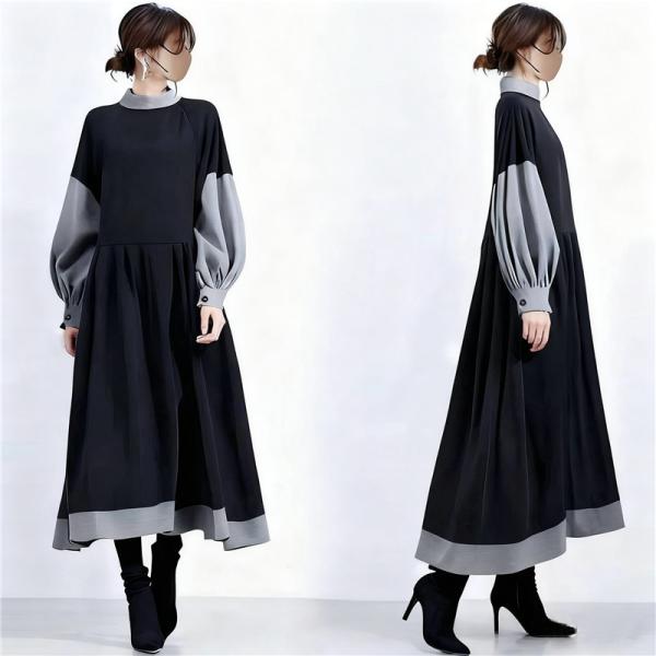 ワンピース長袖 バイカラー ロングワンピース レディース秋服50代 40代50代60代 大人きれいめ...