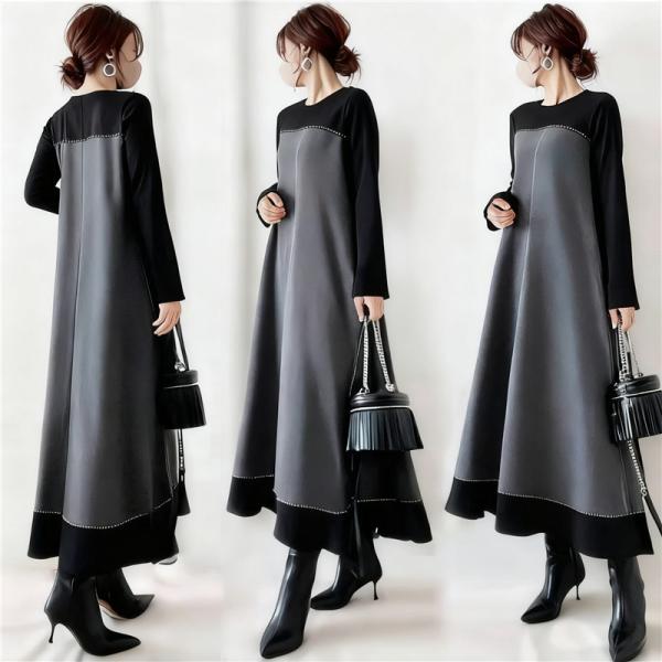 ワンピースレディース秋 バイカラーワンピース 秋物 大人きれいめ 40代50代60代 ミモレ丈ワンピ...