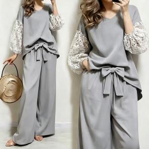 セットアップ レディース 秋服 トップス プルオーバー 長袖 レース切り替え 前後差 春夏 ワイドパンツ リボン付き ゴム ポケットあり 大人きれいめ 40代 50代