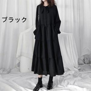 長袖ワンピース シフォンワンピース 黒ワンピー...の詳細画像1