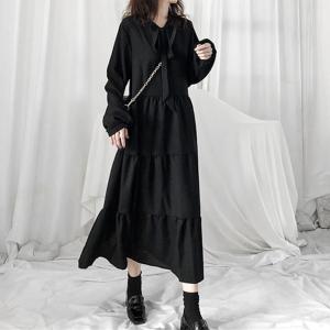 長袖ワンピース シフォンワンピース 黒ワンピー...の詳細画像2
