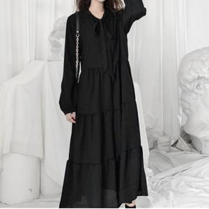 長袖ワンピース シフォンワンピース 黒ワンピー...の詳細画像3