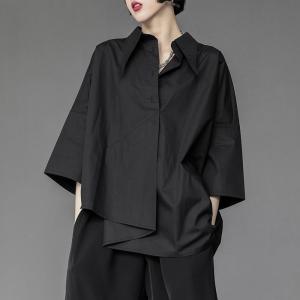 シャツ レディース 春物 夏服 七分袖 春夏 アジアンブラウス 不規則 シャツブラウス フォーマル vネック おしゃれ 袖口ボタン付き 黒シャツ プルオーバー トップ