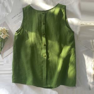 ベスト レディース 丸首 袖なし ノースリーブ 麻 夏服 涼しい 春コーデ 夏コーデ 可愛い 無地 ボタン カジュアルシャツ きれいめ 楽チン ゆったり 通学 秋コーデ