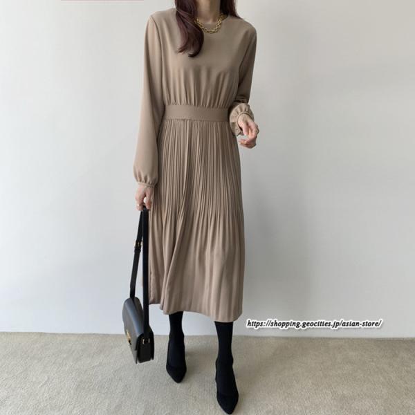 プリーツワンピース 長袖ワンピース 春ワンピース レディース 春秋服 ロングワンピース ミモレ丈 丸...