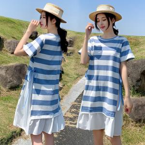 Tシャツワンピース マタニティ レディース 産前産後 大きいサイズ ロングTシャツ ゆったり 可愛い M L XL XXL 春夏 リボン付き ボーダー 妊婦服 ドッキング