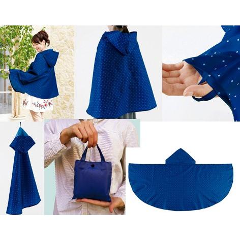 レインポンチョ　婦人用、小さくたためる水玉模様で年齢関係なく突然の雨や雪に、自転車に乗る時もべんり。