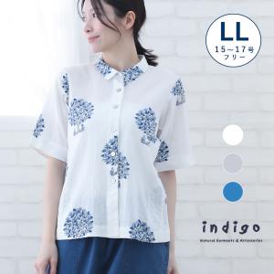 indigo ブラウス レディース 夏 花柄 バラ 半袖 5分袖 ゆったり 綿