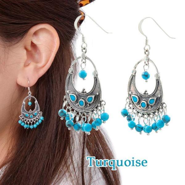 ターコイズ ピアス アレルギー対応 レディース 揺れる エスニック フック シルバー925 アクセサ...