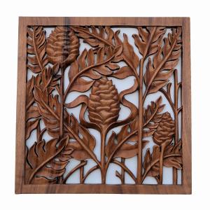 花の木彫りの壁掛けレリーフ 100X100 スワール無垢材 壁掛け