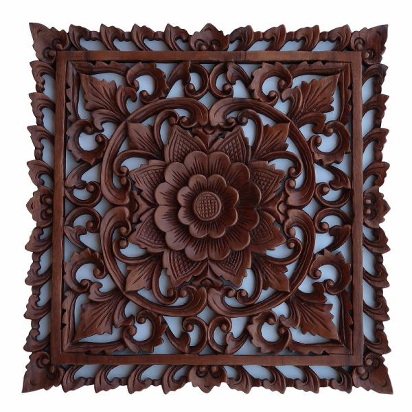 花の木彫りの壁掛けレリーフ 40X40 スワール無垢材 【壁掛けタペストリー 壁飾り ウォールアート...