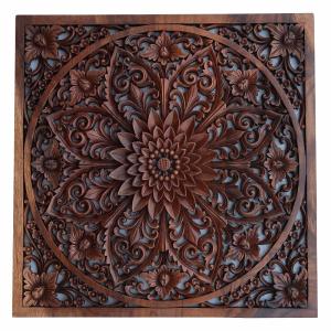 花の木彫りの壁掛けレリーフ 60X60 スワール無垢材 【壁掛け