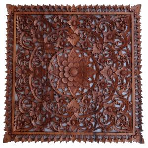花の木彫りの壁掛けレリーフ 60X60 スワール無垢材 【壁掛け
