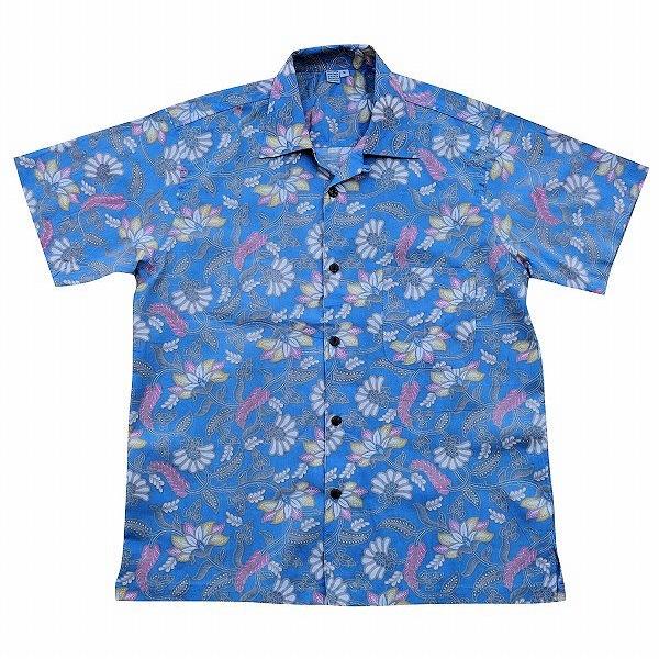 バティックシャツ　半袖シャツ 　コットン　ウォッシュ　ライトブルー　インドネシア民族衣装　リゾート ...