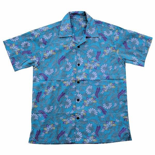 バティックシャツ　半袖シャツ 　コットン　ウォッシュ　ライトグリーン　インドネシア民族衣装　リゾート...