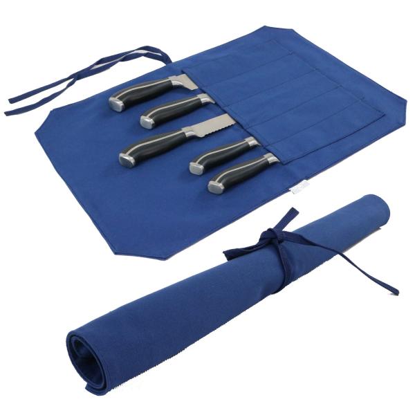 SAFEARK 包丁ケース 持ち運びできる布巻きタイプ 5本収納 (インディゴブルー)