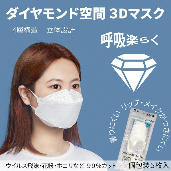 ダイヤモンド空間　3D立体４層構造！不織布マスク（白）5袋セット（25枚）マスク 個別包装5枚入 お...
