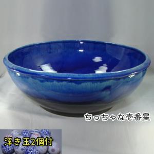 W580×H220　青ガラス浅型水鉢 19号 【浮き玉2個付】Y-SS-074-06 信楽焼 陶器 鉢 メダカ鉢 睡蓮 睡蓮鉢 水鉢