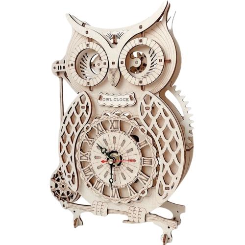 フクロウ 梟 時計 木の玩具 プラモデル 木製 ゼンマイ 振り子 インテリア パズル 組み立て 集中...
