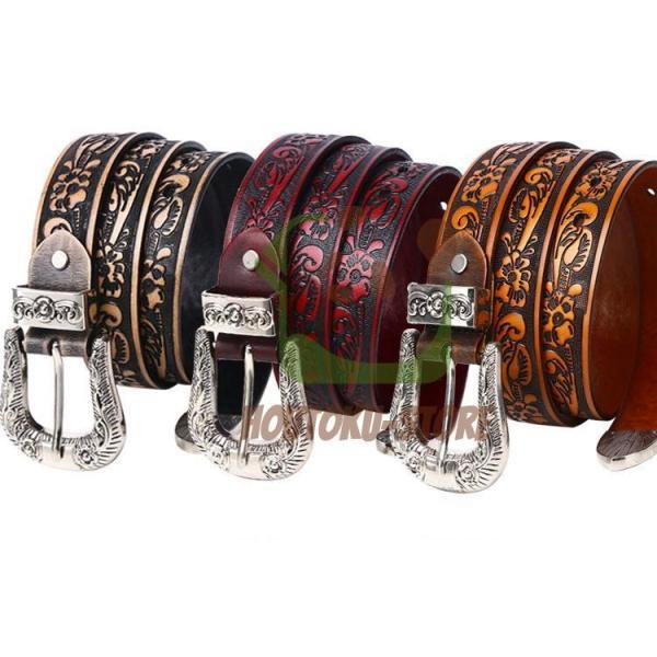 ベルト メンズ 牛革ベルト  型押し レザー ベルト ウエスタン D型留め具 細め レディース 唐草...