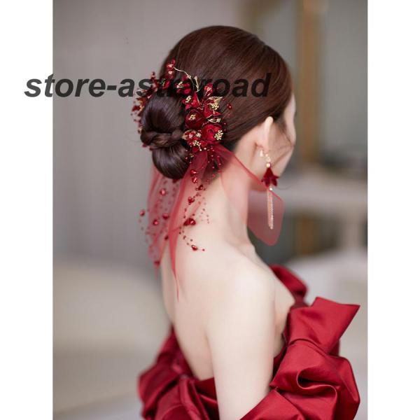 ウエディングヘッドドレス ウェディング ヘアピン イヤリング フラワー ワインレッド 花嫁 結婚式 ...
