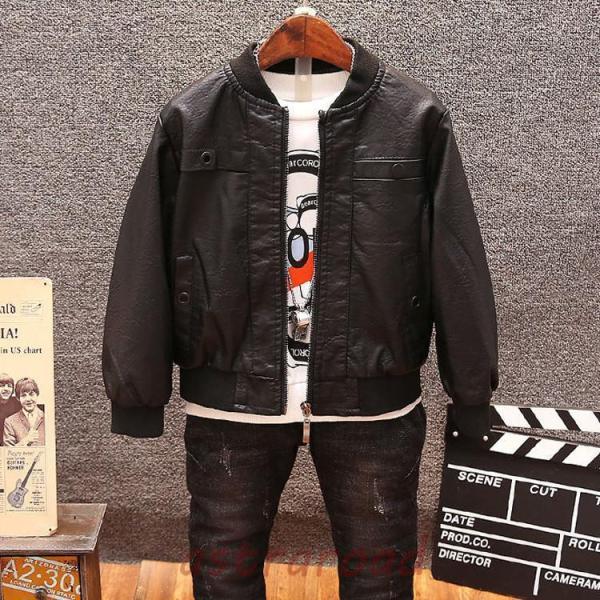 キッズ革ジャン 春秋冬　レザージャケット男の子 裏起毛 立ち襟 子供 皮ジャン ジュニア トレンド ...
