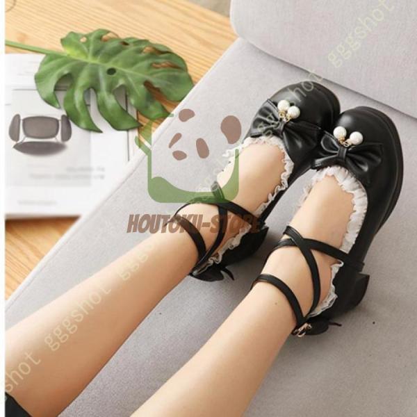 子供靴 ロリータ ストラップ ドレスシューズ 厚底パンプス 蝶結び 6.5cmヒール 太ヒール おで...